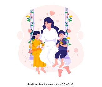 Young Mother with her daughter and son sitting on a swing decorated with flowers. Mother and her children embrace sitting on a swing. Happy Mother's Day