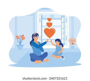 Young mother with her little daughter forming a heart sign. The mother and little girl are showing a love gesture together. Happy, calm, peaceful girl concept. trend modern flat vector illustration