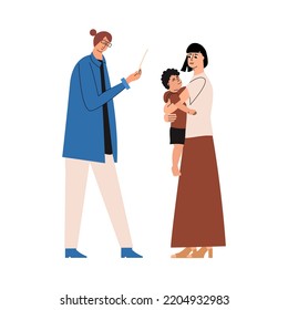 A young mother with her son in her arms at a therapist's appointment. Consultation with a family doctor. Vector illustration in a flat style.