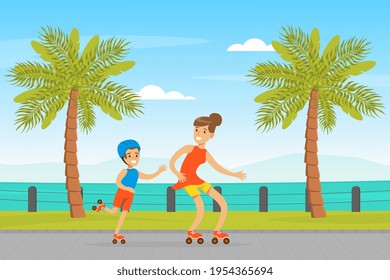 Young Mother and Her Son Roller Skating Along Beach Roadway Vector Illustration