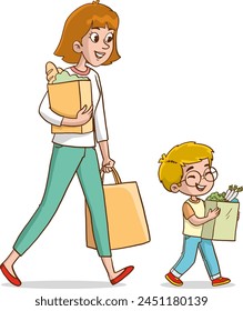  Young mother and her son are shopping. Woman with children having fun. Modern book illustrations shopping concept. Flat style vector illustration isolated on white background.