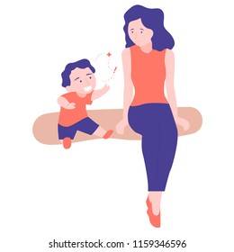 A young mother and her son are talking on the bench. The child emotionally tells the story. Family communication. Trendy illustration on a white background.