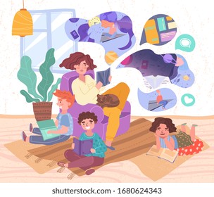 Young mother with her three small children and pet cat relaxing in the living room reading books together in a colorful vector illustration