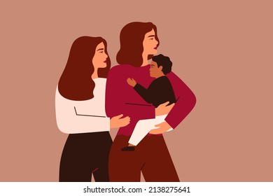 Young mother with her two children stand together. Woman cares and protects her teenager daughter and baby son. Motherhood and family concept. Vector illustration