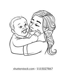 Young mother holding in arms and kissing her infant child isolated on white background - sketch colorful vector illustration of beautiful woman with smiling baby. loving family and motherhood concept.