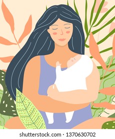 Young Mother Holding Baby Flat Design. Peaceful illustration of beautiful mother and kid in her arms.