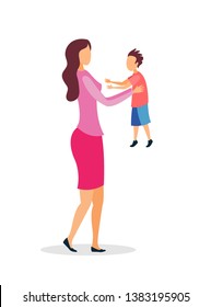 Young Mother Holding Baby Flat Vector Illustration. Adult Lady and Preschool Kid Cartoon Characters. Single Mom Spend Time with Little Son. Happy Motherhood, Happy Family Relationship, Maternity