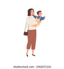 Young Mother Holding Baby In Hands And Walking. Modern Mom Carrying Little Child, Staring And Pointing At Smth. Colored Flat Vector Illustration Of Mum And Kid Isolated On White Background