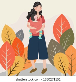 young mother holding a baby with happy face,many leaf around vector illustration. used for poster, website image and other