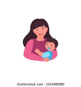 Young mother holding a baby. Mom's hug and love. Vector illustration. Card on Mother's Day
