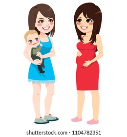 Young mother holding baby and pregnant woman talking happy smiling