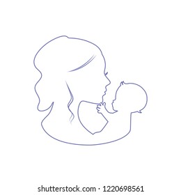 Young mother holding baby silhouette line art vector illustration.