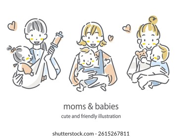 A young mother holding a baby. Stylish and cute hand-drawn line drawing illustration
