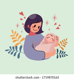 Young mother holding her baby sleeping in her arms and smiling from happiness. Mother day and newborn baby infant health care concept. Vector illustration. 