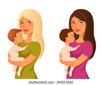 young mother holding her baby. Beautiful young woman hugging her child, smiling. Motherhood or parenting concept. Cartoon character. Isolated on white.