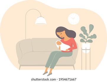 Young mother holding her child alone. Mom is nursing a newborn. Breastfeeding baby. Family at home. Flat vector illustration