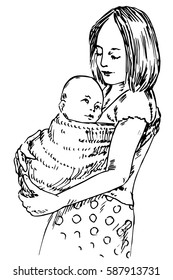 Young mother holding her child on hands in sling, hand drawn doodle, sketch in pop art style, vector illustration
