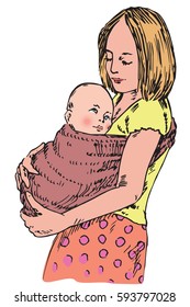 Young mother holding her child on hands in sling, hand drawn doodle, sketch in pop art style, vector color illustration