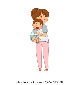 Young Mother Holding Her Crying Baby Boy with Arms and Hugging Him Vector Illustration