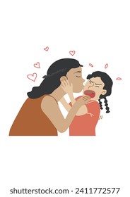 Young mother holding her crying baby daughter, kissing and calming her. Childhood concept. Carrying little baby girl with love and care kiss and tease looking her child. Emotion of baby crying.