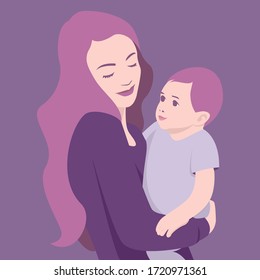 Young mother holding her cute baby in her arms. Child hugs his mom. Mother and baby smiling at each other. Mothers day concept vector illustration.