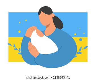 A young mother is holding her newborn baby in her arms. The concept of motherhood and care for loved ones. Flat vector illustration on white background.