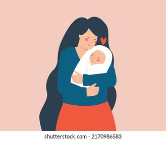 Young mother holding her newborn baby with love and care. Mom embraces and hugs her child. Concept of single mothers, 8 march Mother's day, family love and motherhood. Vector illustration  