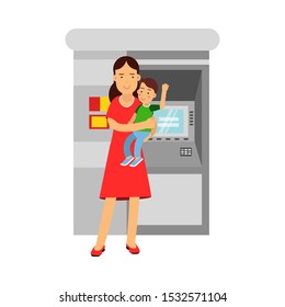 Young Mother Holding Kid In Her Arms Standing Near ATM Vector Illustration