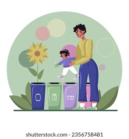 Young mother holding little baby girl. Child holding pack of juice and throws out in containers. Mother teaching child how to sort waste. Flat vector illustration in cartoon style in green colors