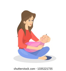 Young mother holding sleeping newborn child. Baby care concept. Woman with kid. Isolated vector illustration in cartoon style