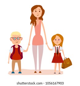Young mother holding two school children graphic icon on white background. Boy with glasses bears backpack on shoulders, red-haired girl carries in hand brown schoolbag vector illustration of family