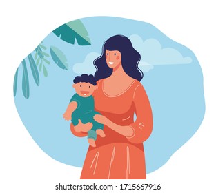 A young mother holds the baby in her arms on the background of nature and sky. Happy woman hugs baby and smiles, mothers day card, motherhood concept. Flat vector illustration