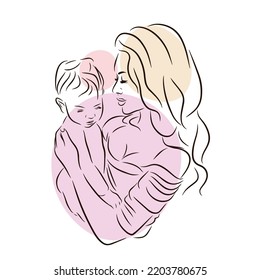 A young mother holds a baby in her arms, love, warm feelings, line, outline drawing in doodle style