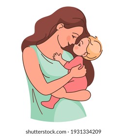 Young mother holds a cute baby in her arms. Sketch with line and fill.