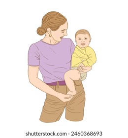 Young mother holds a cute baby in her arms. Happy mothers day.