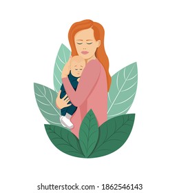 Young mother holds her baby with care and love. Happy Mothers Day concept with mom and small boy. Vector illustration