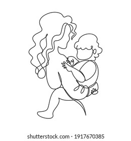 A young mother holds her baby in her arms. Vector illustration, continuous line, minimalism, lineart. Postcard, poster, emblem, logo, icon, embroidery