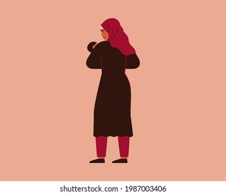 Young mother holds her Newborn Baby with love and care. Muslim woman in hijab and her infant child together. Happy Mother's Day concept. Female Refugee or migrant vector illustration.