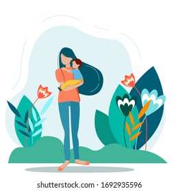 A young mother holds her son with care and love. Surrounded by flowers and greenery. Spring. Happy mothers day concept with mom and little boy. Vector flat illustration
