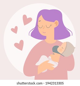 young mother holds a sleeping baby in her arms. a loving mother shakes her baby in her arms with eyes closed with pleasure.