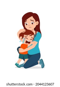 young mother hug crying little boy and try to comfort