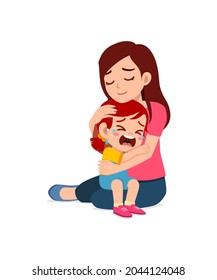 young mother hug crying little girl and try to comfort