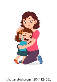 young mother hug crying little girl and try to comfort