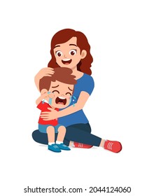 young mother hug crying little boy and try to comfort