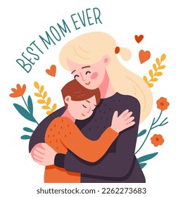 Young mother hug her boy child on floral background. Best mom ever - lettering quote. Happy mother's day vector flat hand drawn style illustration.