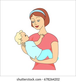 Young mother hugging her baby with care and love. Mother and sun. Vector illustration.