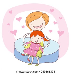 Young mother hugging her daughter with care and love.