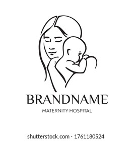 A young mother hugging her newborn baby drawn with a black line on a white background. Logo for maternity hospitals, hospitals for children, clinics of healthy and natural birth. Vector illustration.
