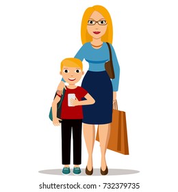 Young mother hugging her son. Busy mom holds child and shopping bags. Boy with mobile phone.Family portrait.Vector illustration of full body detailed characters in a flat style, isolated on white