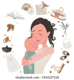Young mother hugs the baby. Cute round frame made of accessories for the baby: toys, bathing, sleeping, clothes, shoes. Vector, cartoon, isolated.